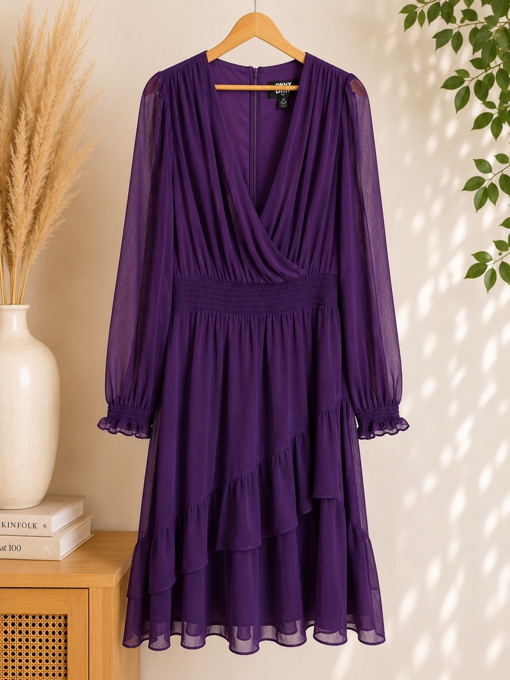 DKNY Deep Purple Wrap V-Neck Long Sleeve Ruffle Dress